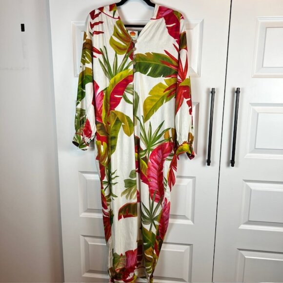 Farm Rio Maxi Jumpsuit Size M Tropical Leaf Print Button Front Boho Resort $225 - Picture 2 of 14